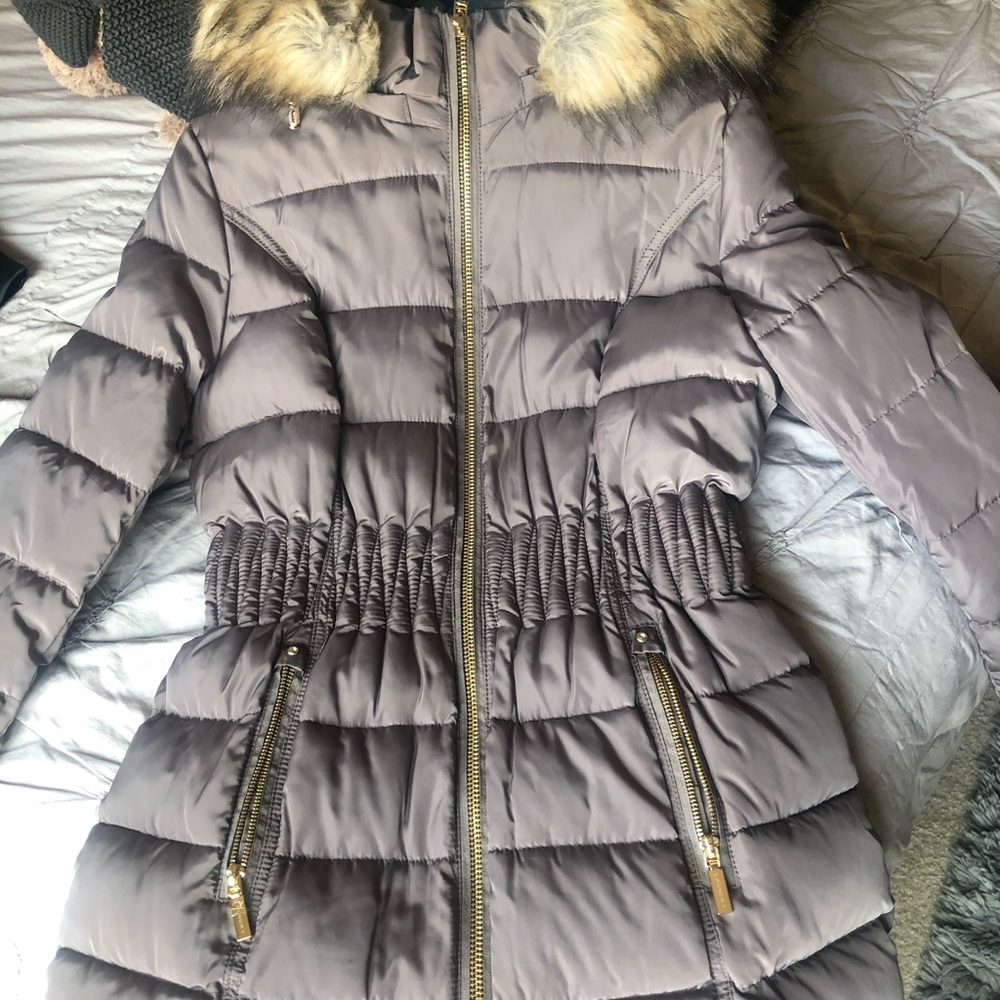 Mixed media hooded puffer coat